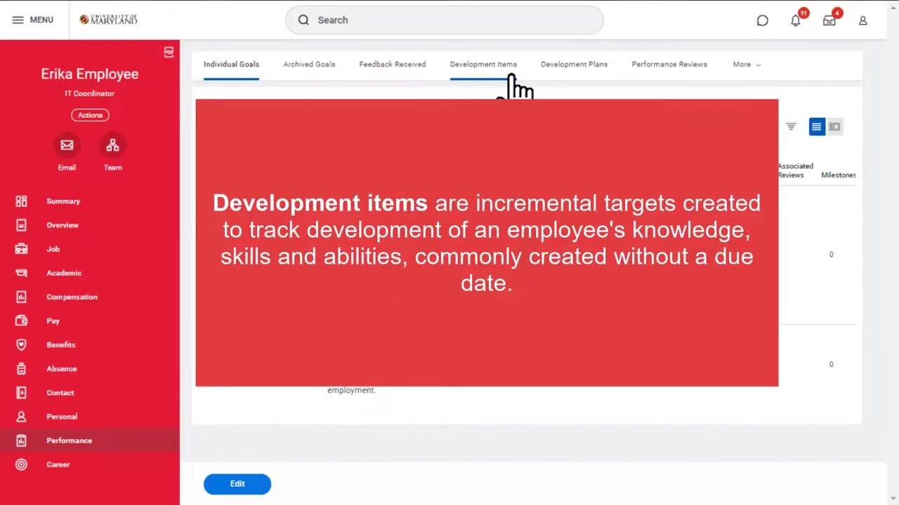 Workday Performance screen with the Development Items tab selected, showing an explanation that development items track knowledge, skills, and abilities and are commonly created without a due date.