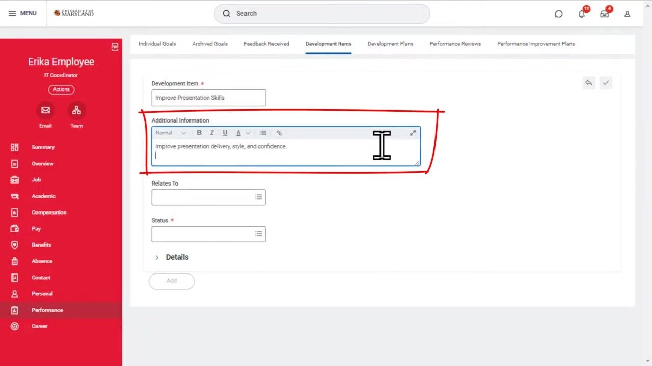 Development item form with the Additional Information text box being filled out.