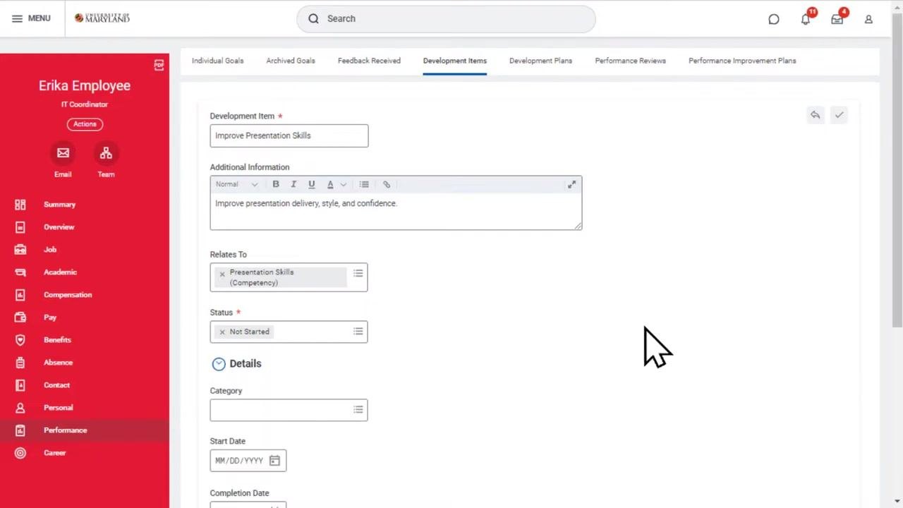 Development item form with all fields filled: Development Item, Additional Information, Relates To, Status, and the Details section.