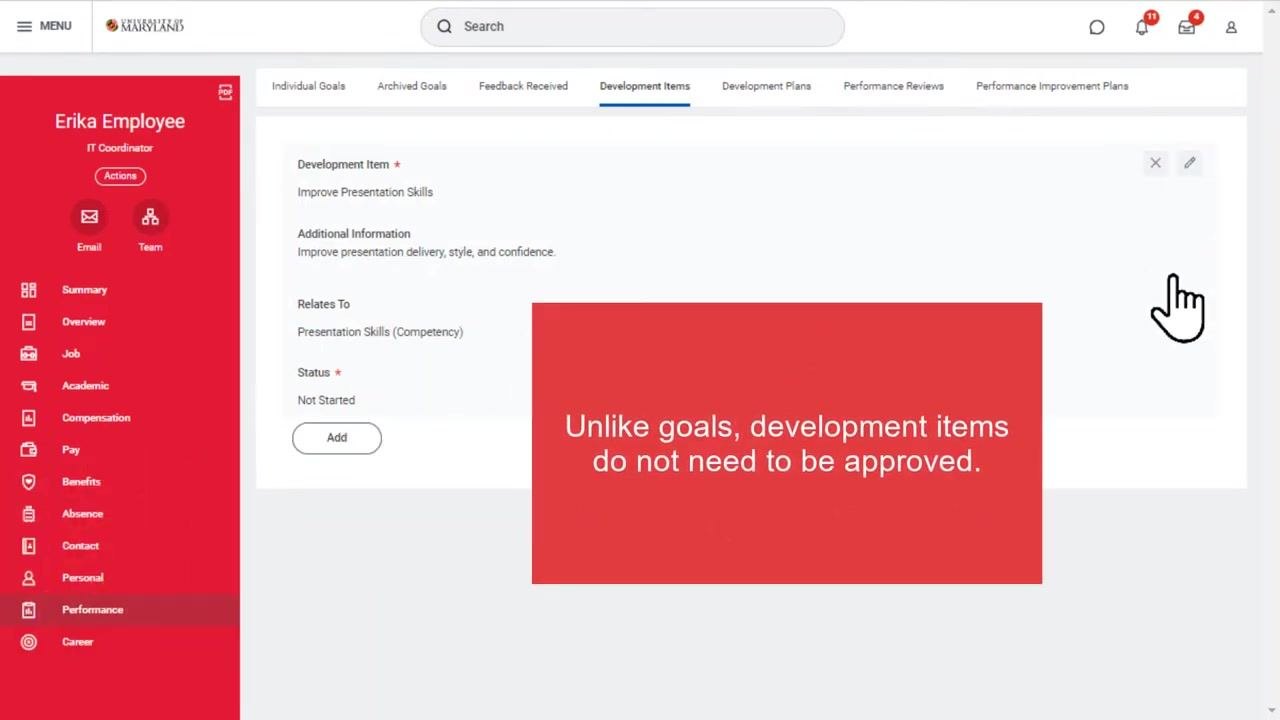 Development item form with a note stating that, unlike goals, development items do not need to be approved.