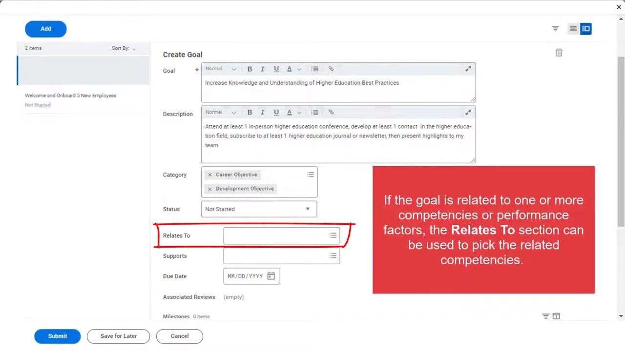 Create Goal form with the Relates To section highlighted and a note explaining its use for linking competencies.