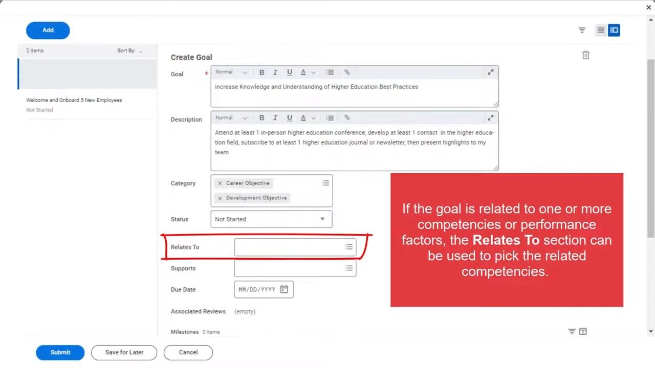Create Goal form with the Status dropdown expanded, showing options: select one, Completed, In Progress, Not Started, Pending Review.