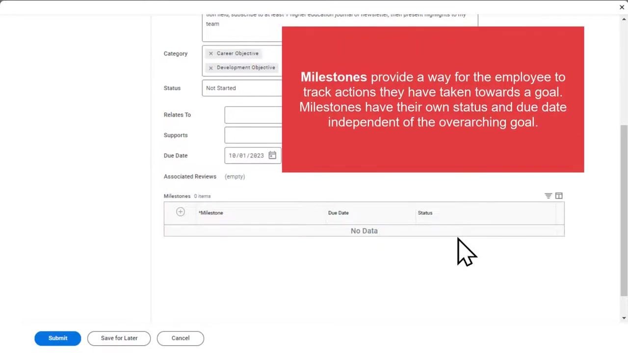 Create Goal form with the Due Date field filled in as 10/01/2023.