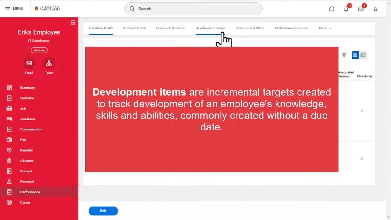 Workday Performance screen with the 'Development Items' tab selected. A large red information box explains: "Development items are incremental targets created to track development of an employee's knowledge, skills and abilities, commonly created without a due date." The left sidebar shows navigation options such as Summary, Overview, Job, Academic, Compensation, Pay, Benefits, Absence, Contact, Personal, Performance, and Career. The user profile area displays 'Erika Employee, IT Coordinator.' The top navigation includes tabs for Individual Goals, Archived Goals, Feedback Received, Development Items (selected), Development Plans, and Performance Reviews.