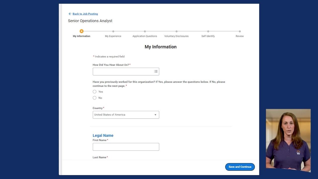 Workday application form for "Senior Operations Analyst" showing the My Information section with required fields and the Save and Continue button