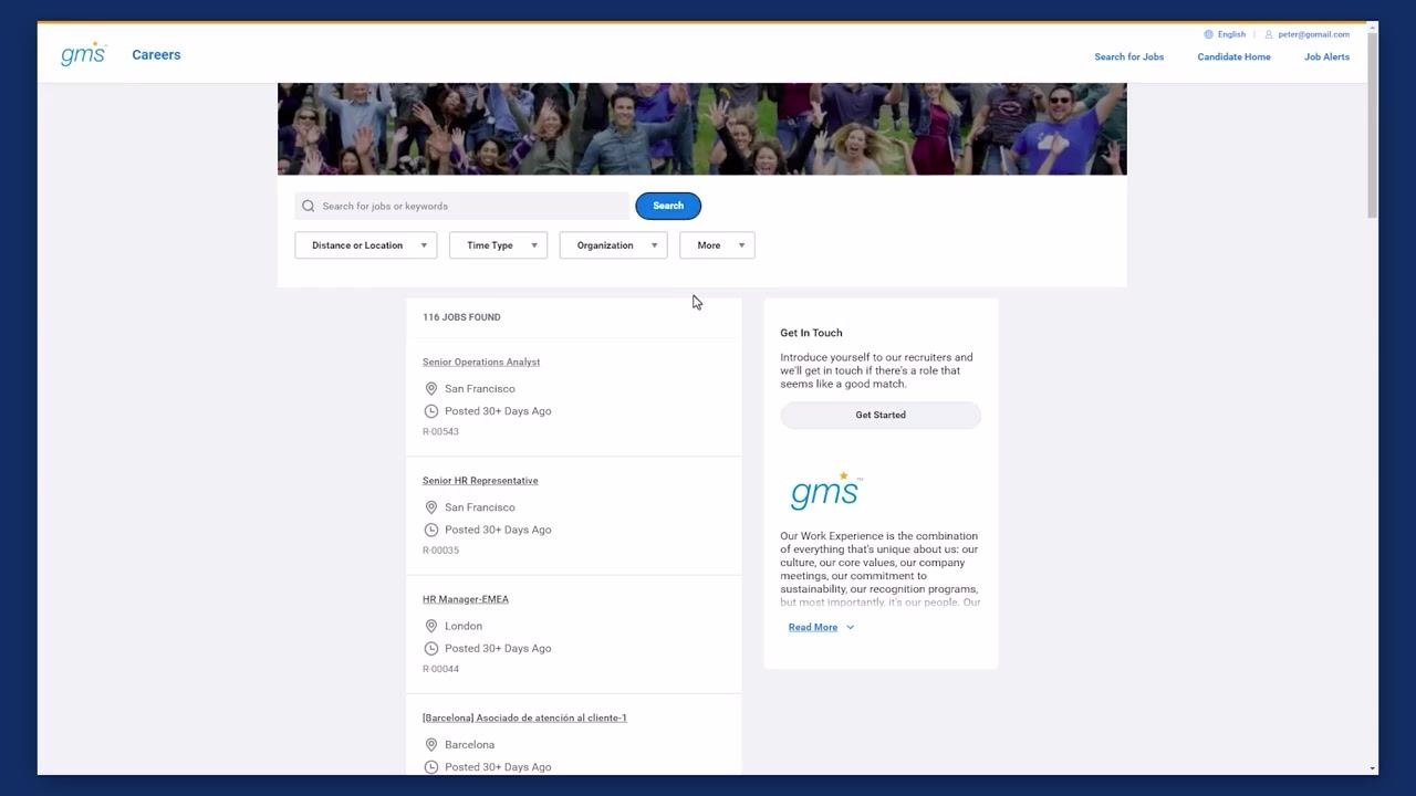 GMS Careers portal showing a job search interface, filters, and a list of job postings including HR Manager-EMEA