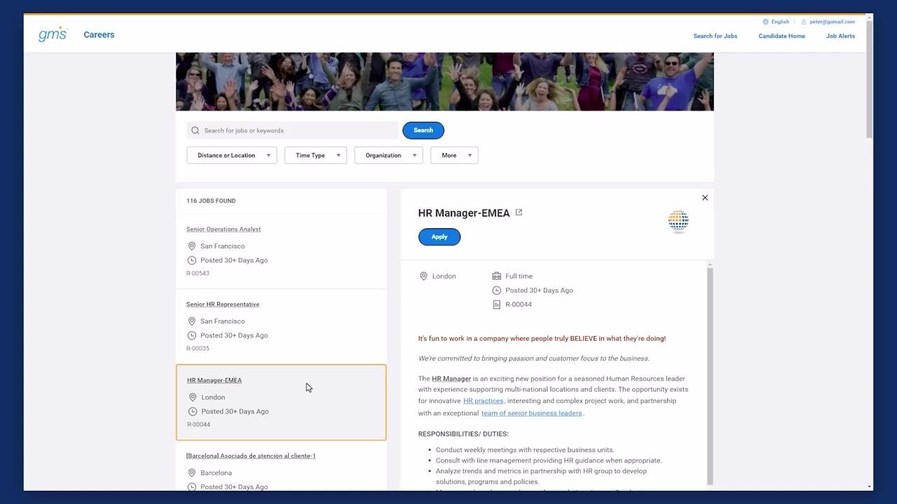 Job details page for HR Manager-EMEA with an Apply button and job description visible