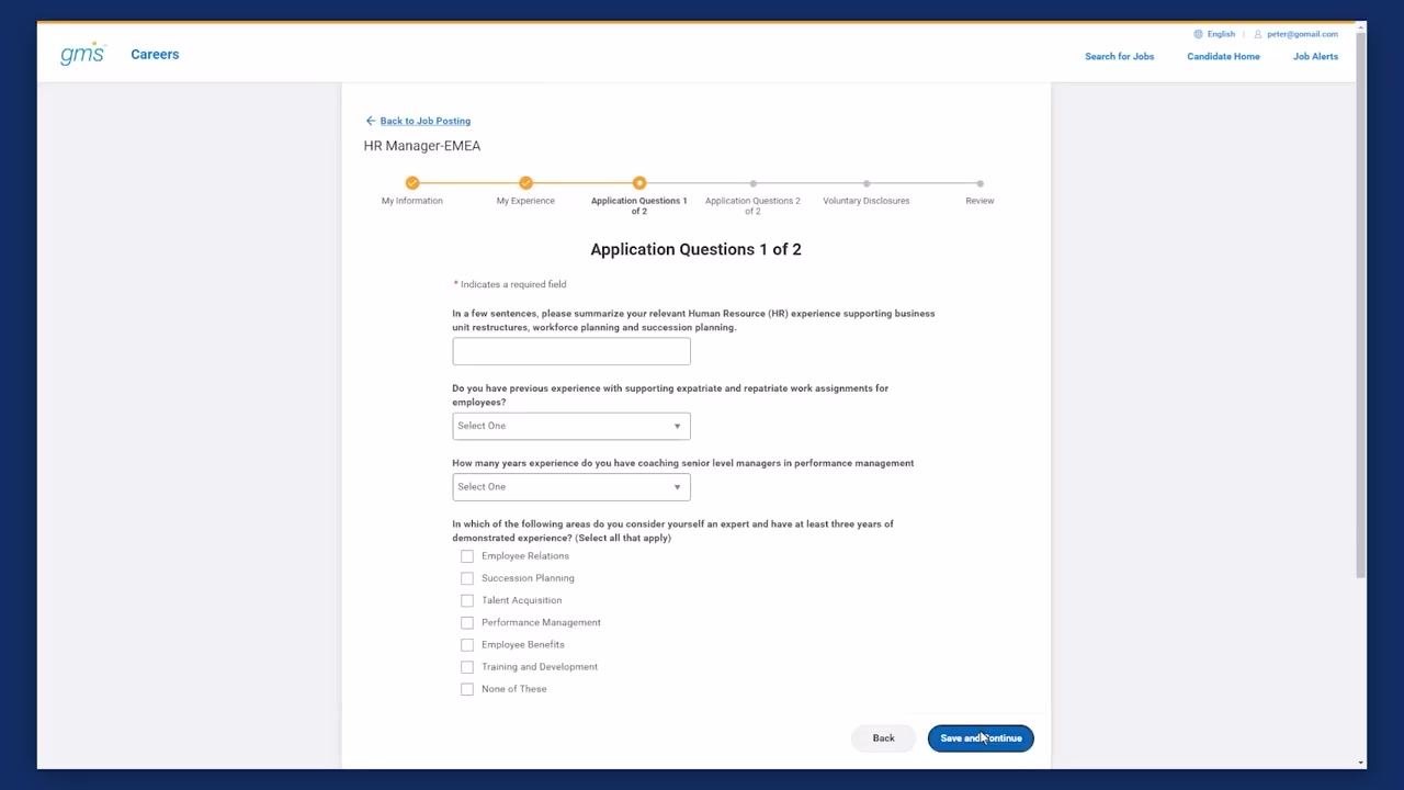 Application form titled My Experience with options to add work experience, education, certifications, and languages