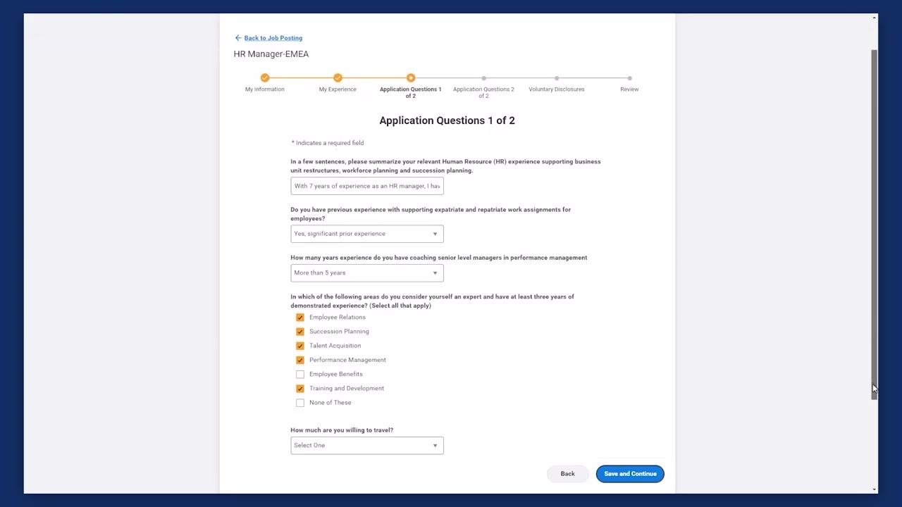 Application questions page showing completed fields for relevant experience, expatriate assignments, coaching experience, areas of expertise, and travel willingness