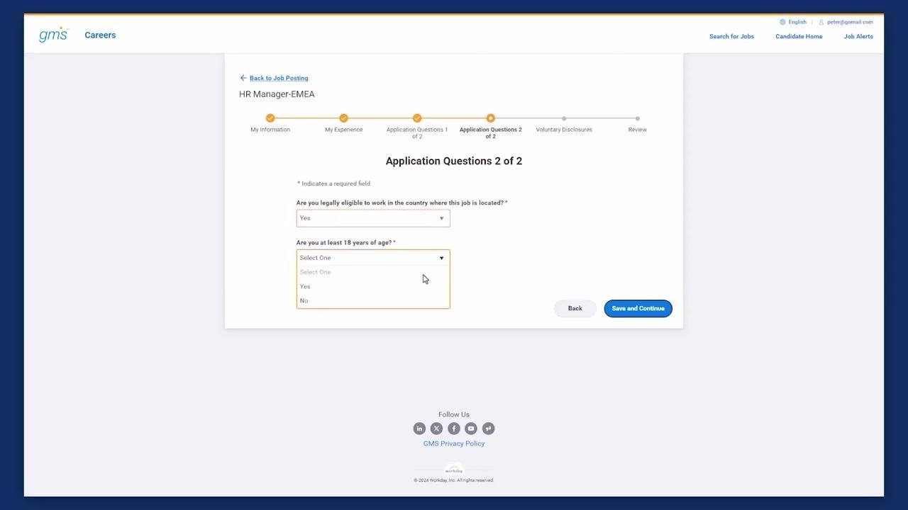 Application Questions 2 of 2 page with dropdowns for legal eligibility and age, and the Save and Continue button highlighted
