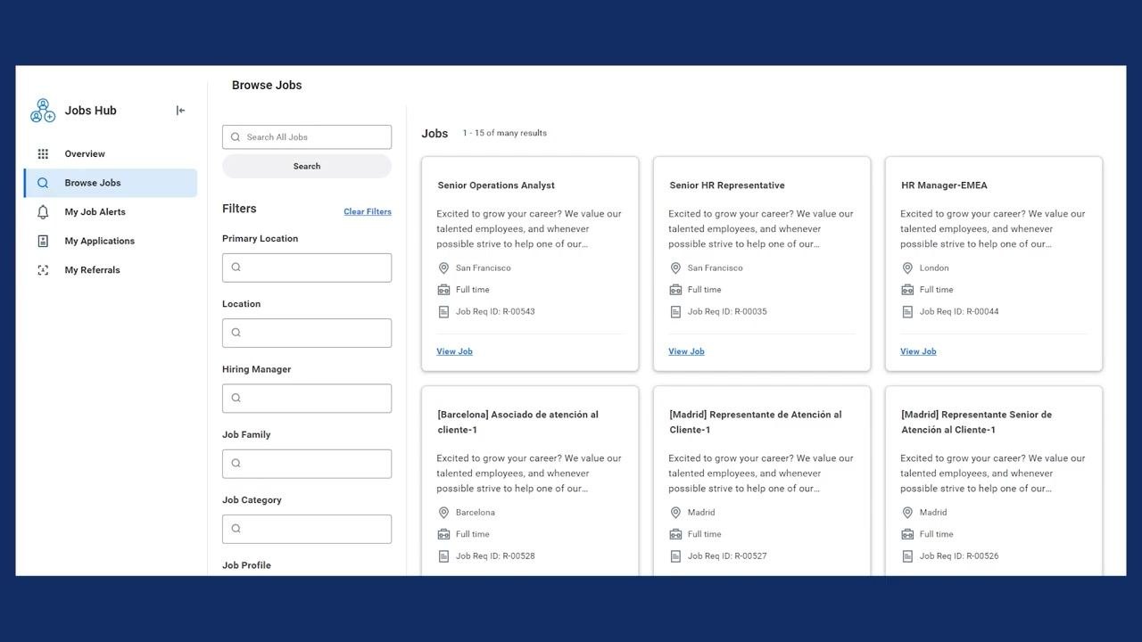 Workday Jobs Hub screen showing the navigation pane, job filters, and job cards for internal postings