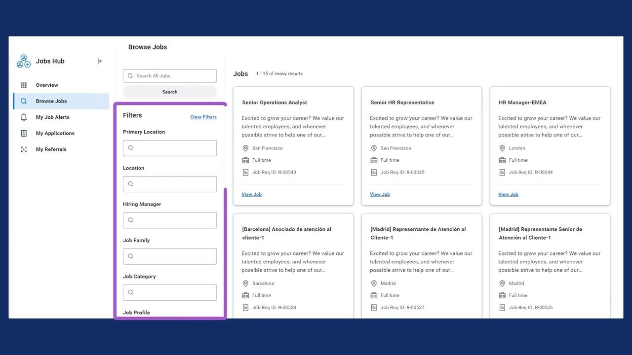 Workday Jobs Hub screen with the filters section highlighted, showing available filter fields