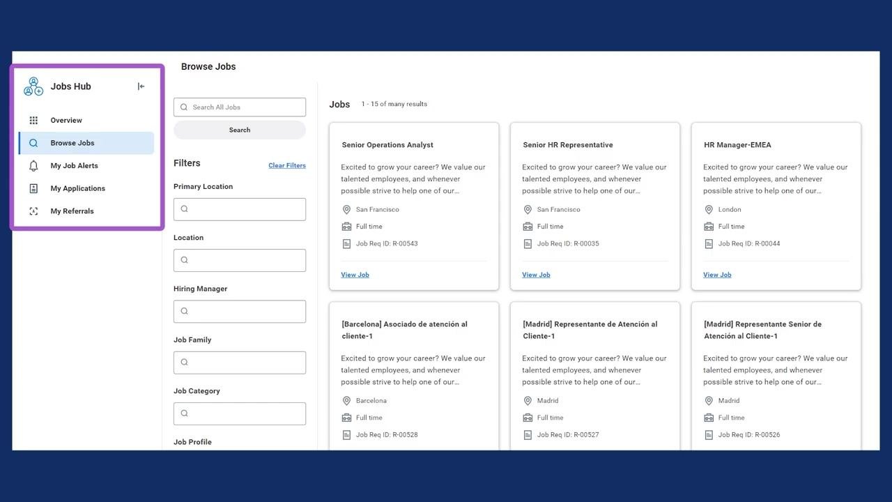 Job Posting Details page for "Senior Operations Analyst" with Apply, Refer, and Create Job Alert buttons