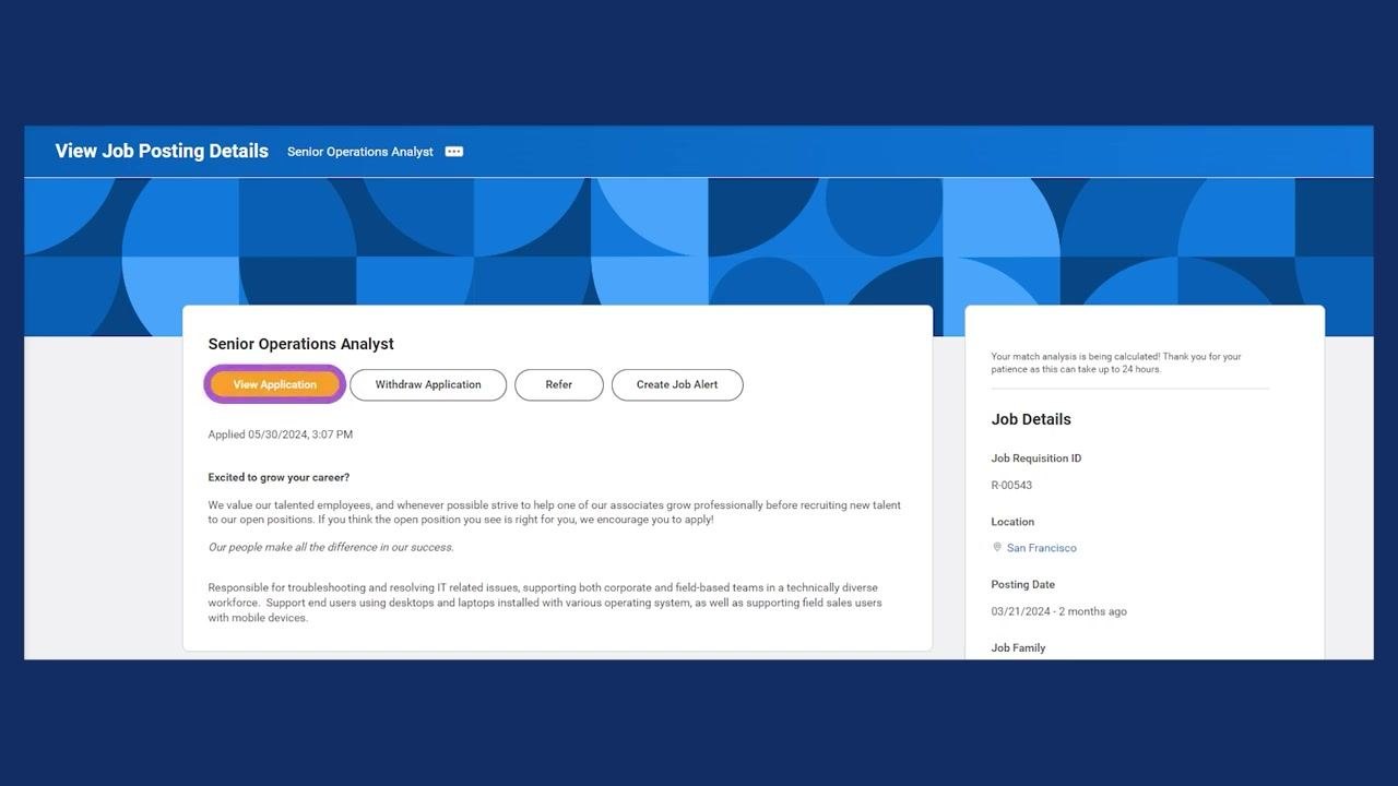 Workday Job Posting Details page showing View Application, Withdraw Application, and job details for a submitted application