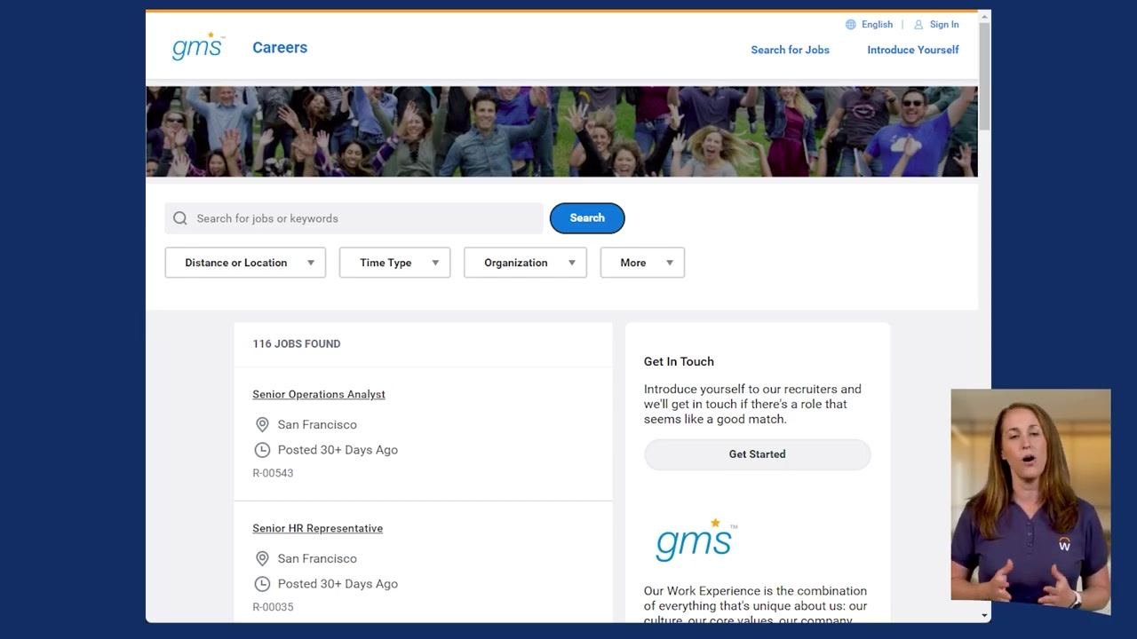 External careers site with language selection and job listings