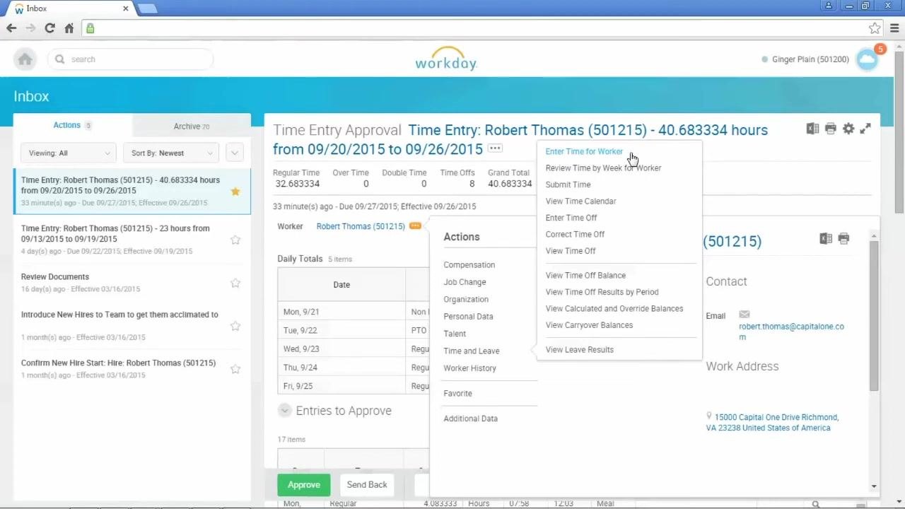 Workday Inbox with Approve and Send Back buttons visible, cursor positioned on Send Back, showing time entry details for Robert Thomas