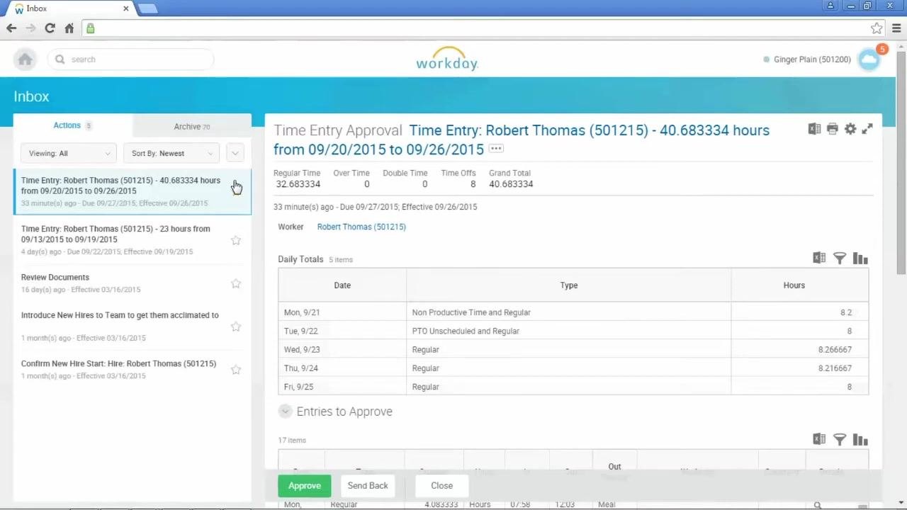 Inbox view of a selected time entry approval request, showing summary totals and daily breakdown for Robert Thomas