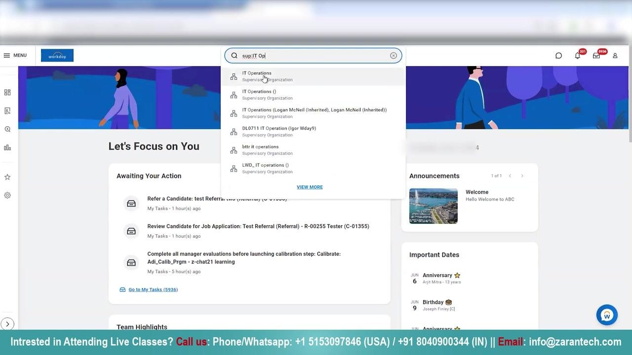 Workday dashboard showing "Let's Focus on You" with tasks, announcements, and important dates