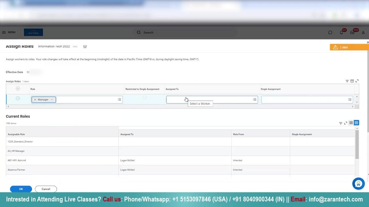 Assign Roles section with "Manager" role selected and cursor over the Assigned To field, prompting to select a worker
