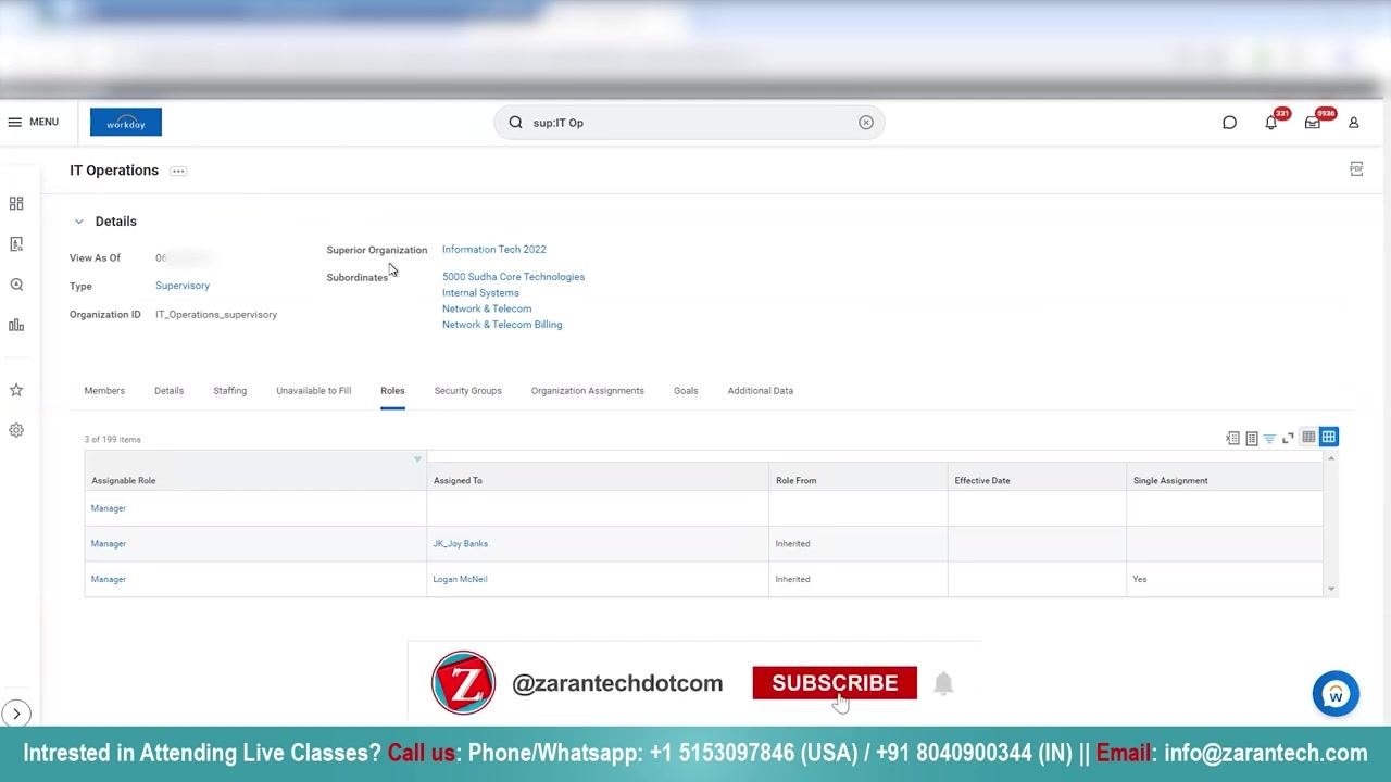 Details tab showing superior organization and subordinates, confirming organizational hierarchy and role inheritance