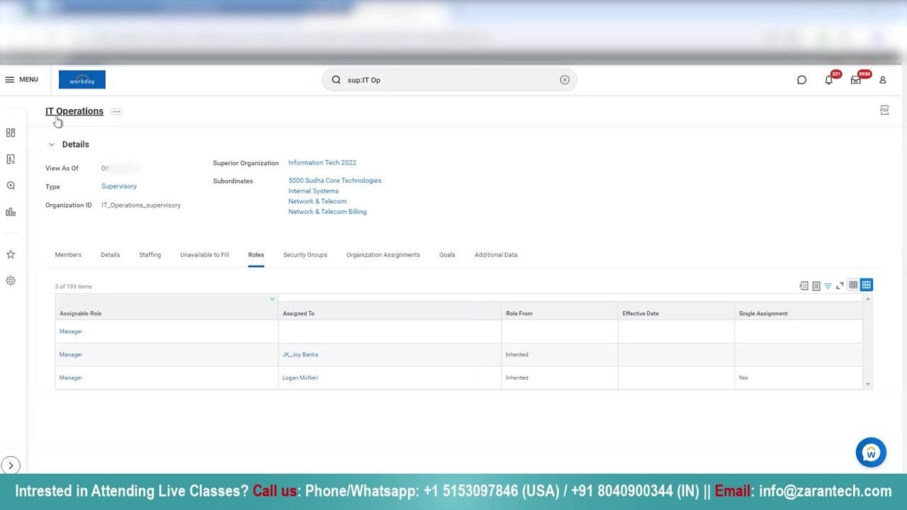 Workday IT Operations details page with focus on subordinates and inherited roles, showing the hierarchical relationship
