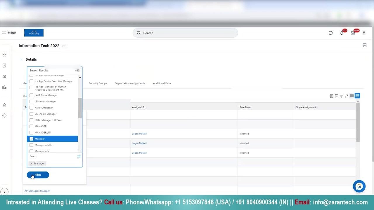 Roles tab in Information Tech 2022 with filter dropdown open, "Manager" role selected, and assignments to Logan McNeil shown as inherited