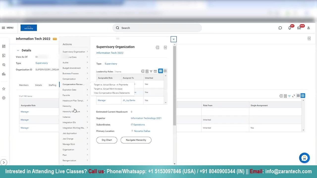 Workday related actions menu open for Information Tech 2022, showing options for roles, compensation, hierarchy, and assign roles