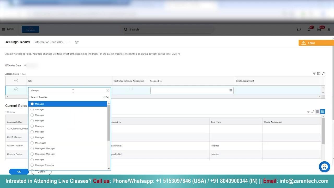 Assign Roles page in Workday showing Effective Date, Assign Roles input row, and Current Roles table with existing assignments