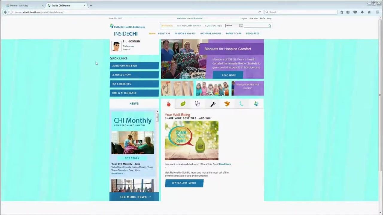 CHI intranet homepage showing Quick Links, including Learn & Grow and Pay & Benefits