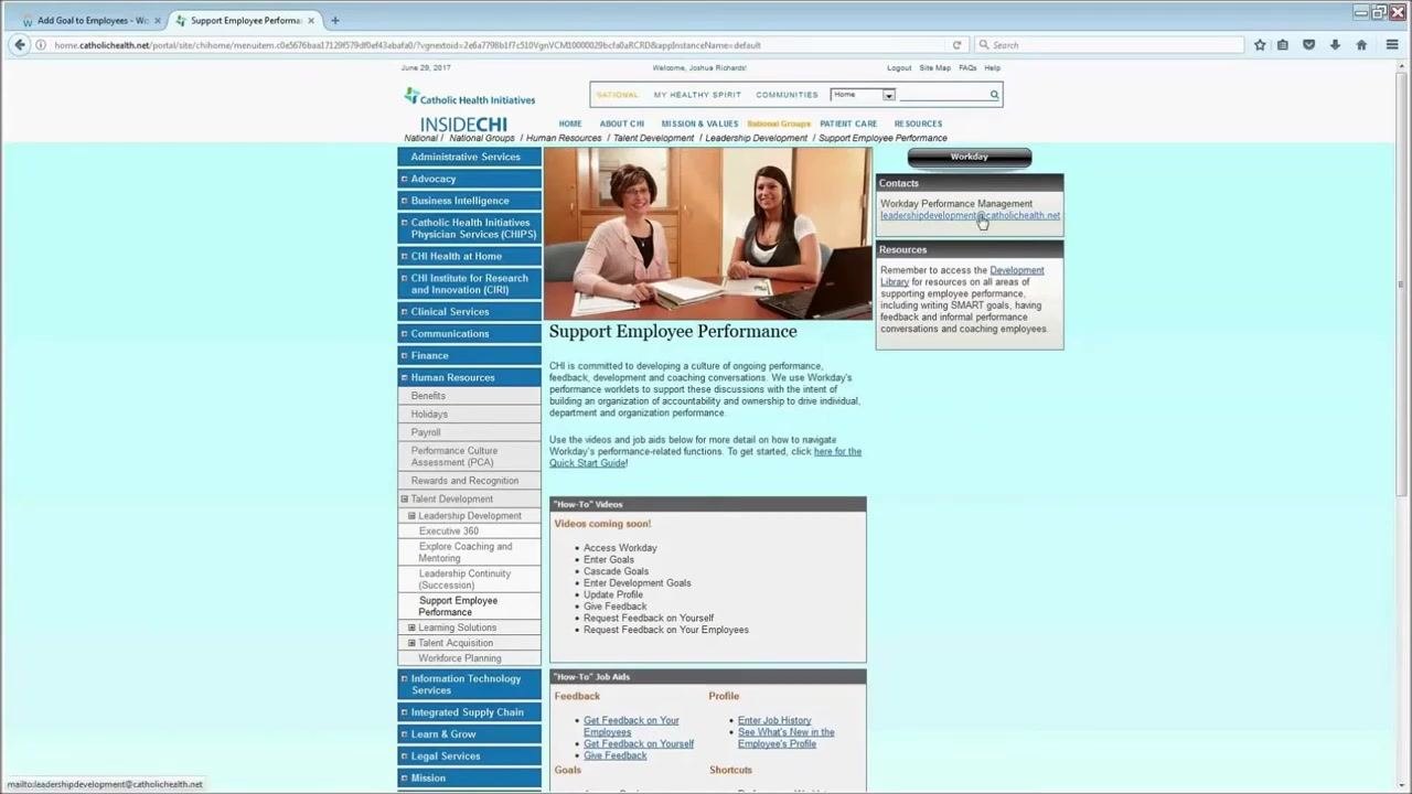 Support Employee Performance page with the contact email highlighted and resource links visible