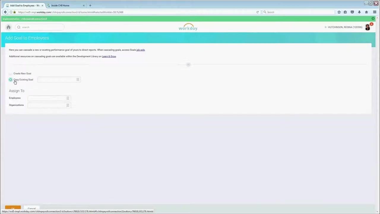 Add Goal to Employees page with the Copy Existing Goal option selected