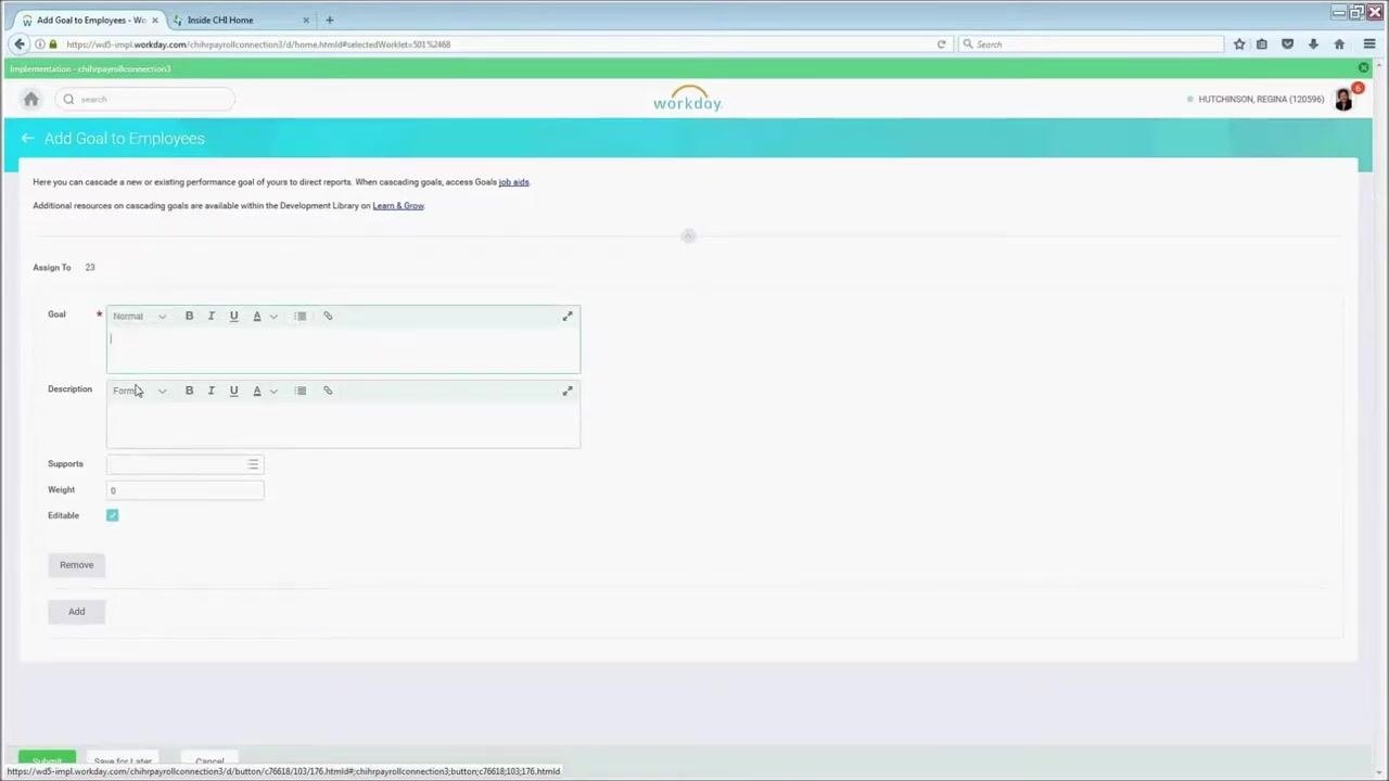 Add Goal to Employees form showing fields for Goal, Description, Supports, Weight, and the Editable checkbox