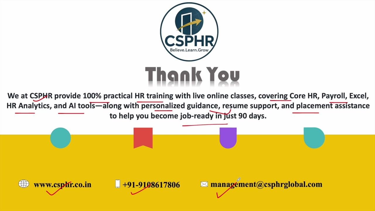Thank you slide with CSPHR logo, summary of HR training services, and contact details including website, phone, and email