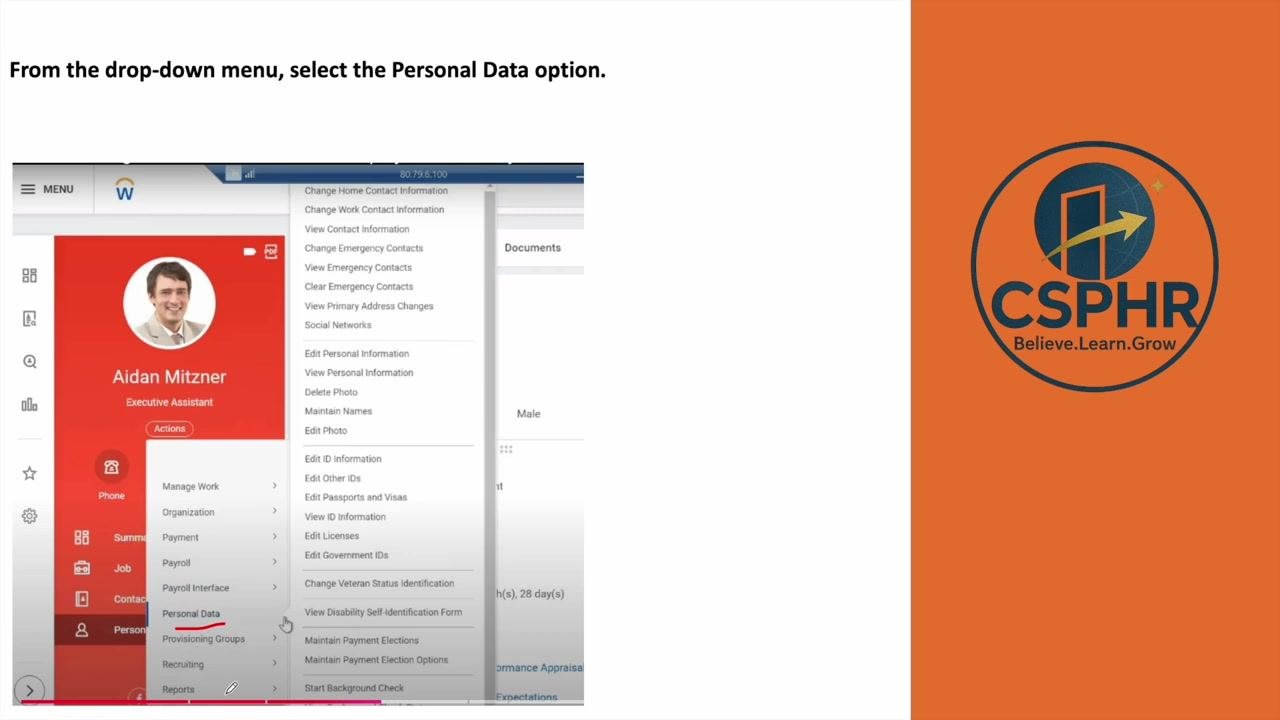 Actions menu open with "Personal Data" highlighted, showing options such as Edit Personal Information and View Personal Information