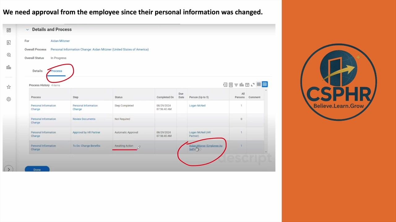Workday Details and Process screen showing Process History with "Awaiting Action" status for employee approval, with the employee name circled