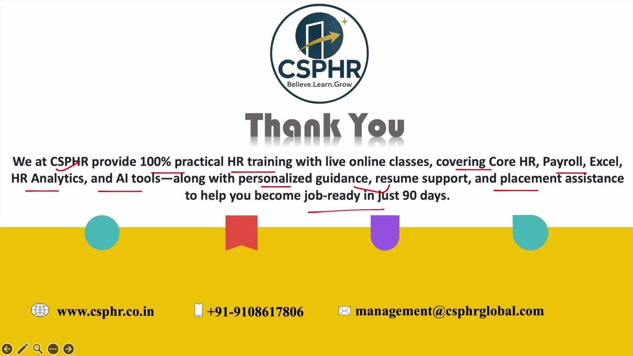 Thank you slide with CSPHR logo, summary of HR training services, and contact details including website, phone, and email
