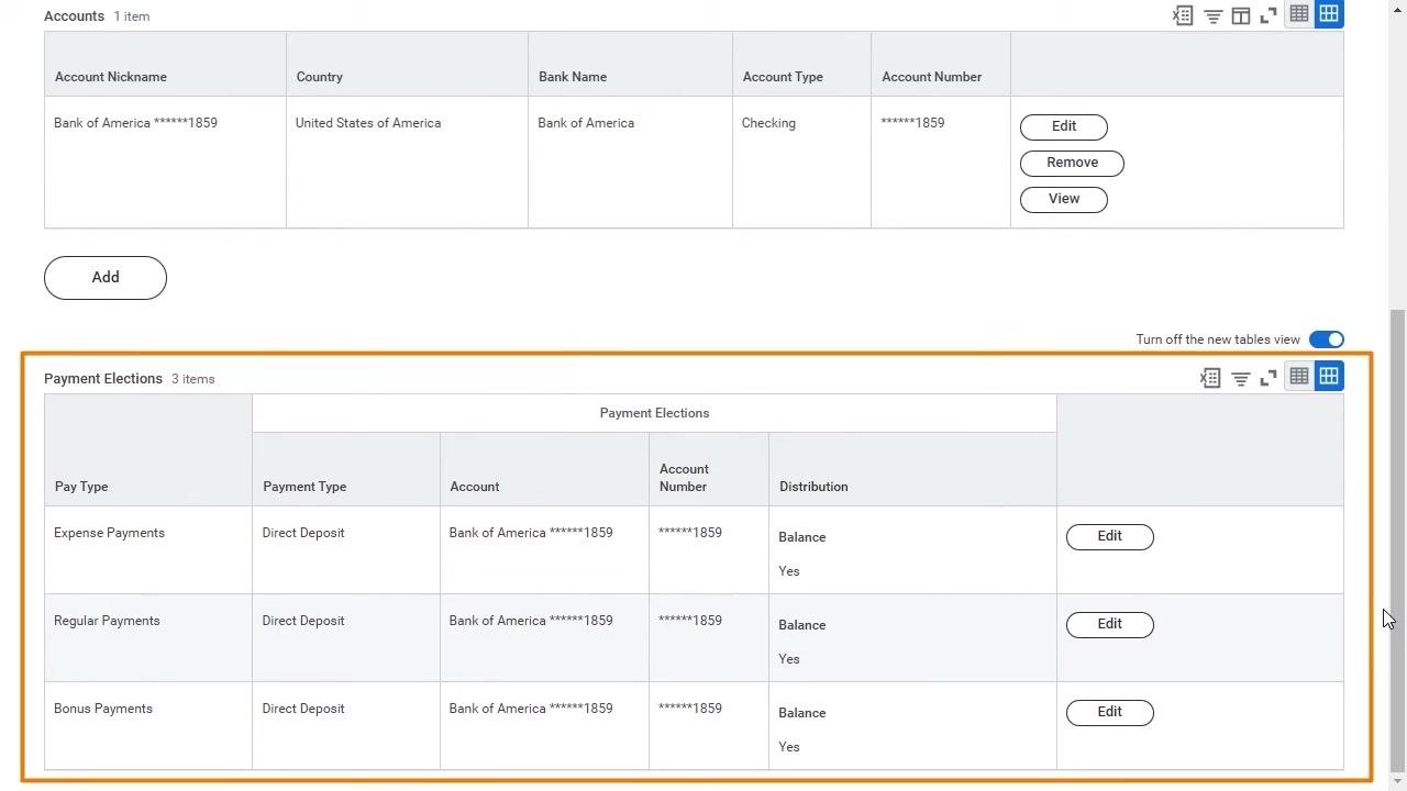 Payment Elections report showing account and payment election details for an employee, including account nickname, country, bank name, account type, account number, and options to edit, remove, or view. The Payment Elections section lists pay types, payment types, accounts, account numbers, distribution, and edit buttons.