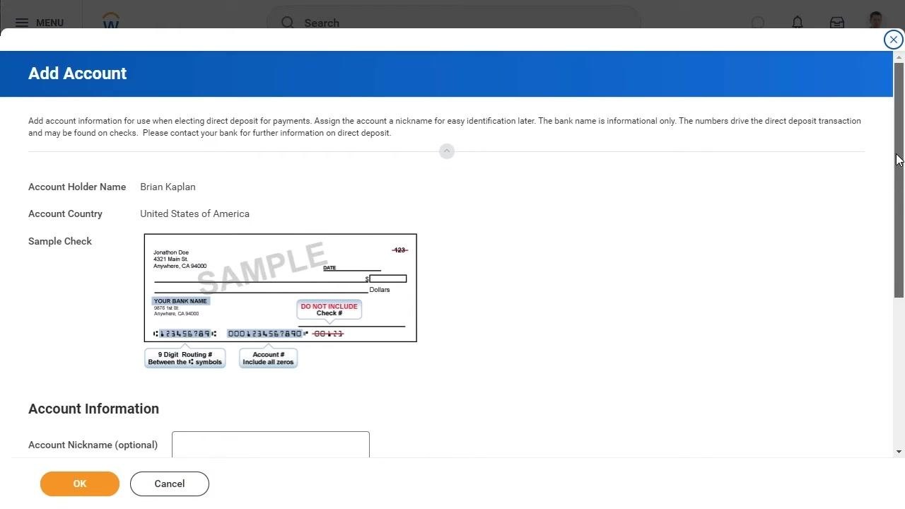 Add Account window showing the account holder name, country, a sample check, and fields for account nickname, routing transit number, bank name, bank identification code, account type, and account number.