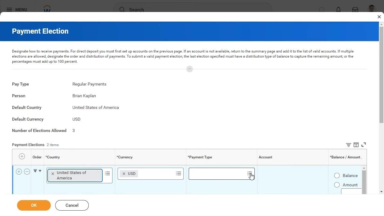 Payment Election window with a new row being added for a new payment election.