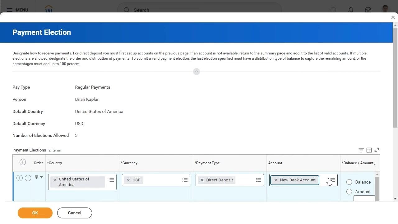 Payment Election window with a new row, country and currency filled in, and payment type and account being selected.