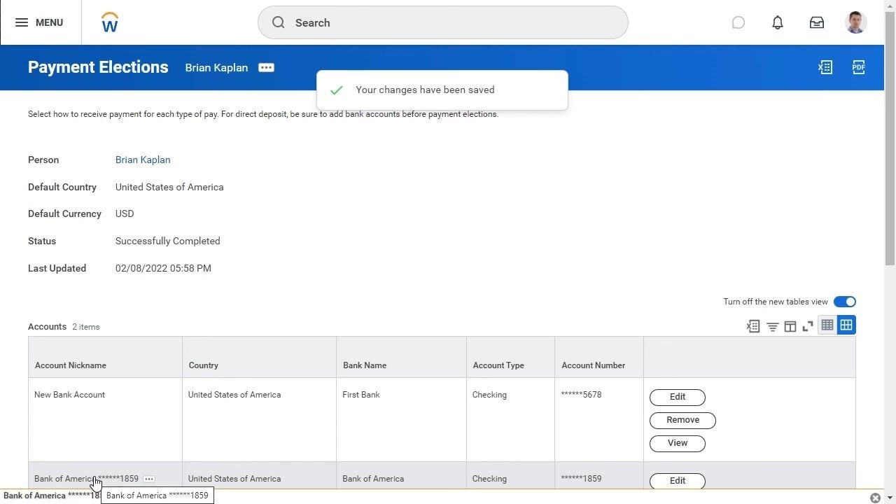 Payment Elections summary page showing a confirmation message, account details, and management options for each bank account.