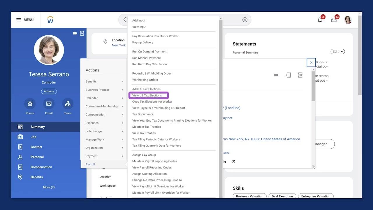Workday interface showing a worker profile, the Actions button, the Payroll menu, and the "View US Tax Elections" option highlighted.