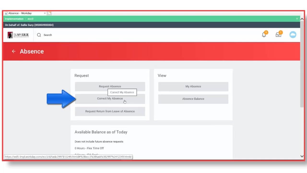 Correct My Absence button highlighted in the Absence worklet