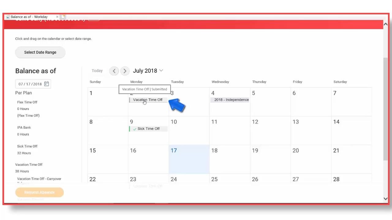 Selecting the Vacation Time Off absence on July 2nd
