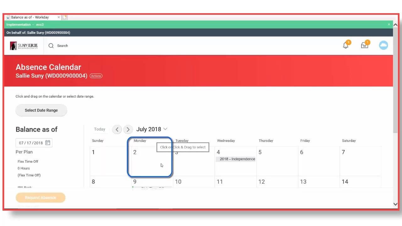 Absence calendar showing Sick Time Off on July 9th with a green bar and check mark