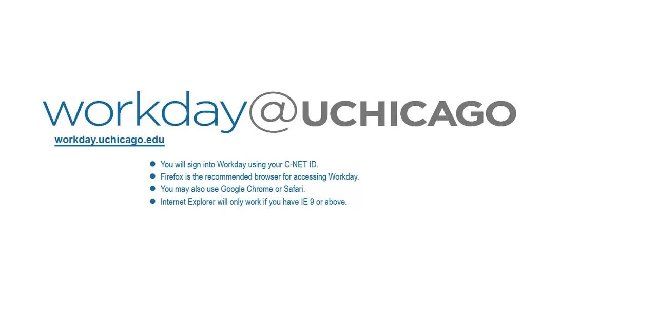 Workday login screen showing browser compatibility notes and the site URL workday.uchicago.edu.