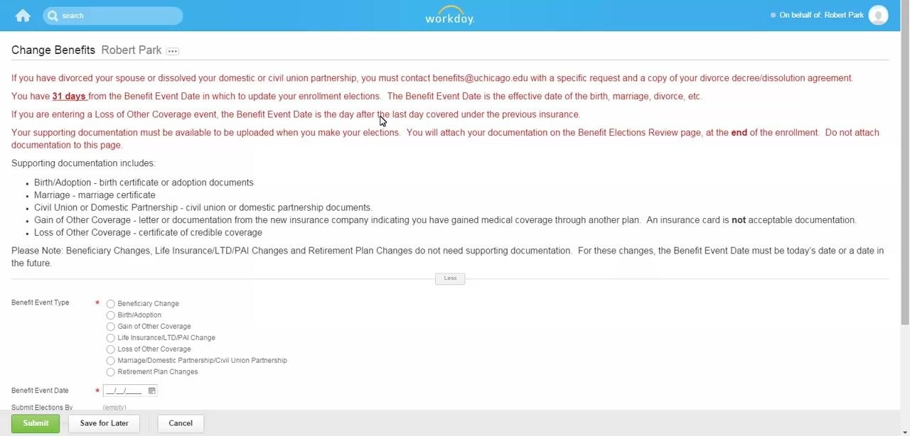 Change Benefits screen showing event type options and a calendar prompt for selecting the benefit event date.