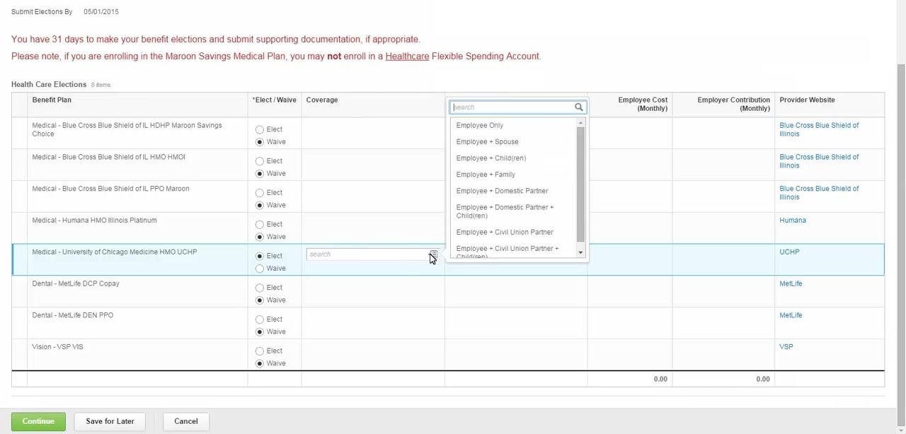 Health Care Elections table showing benefit plans, elect/waive options, and a coverage level dropdown.