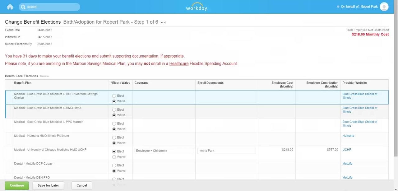 Add My Dependent From Enrollment screen with options for existing contact status and beneficiary designation.