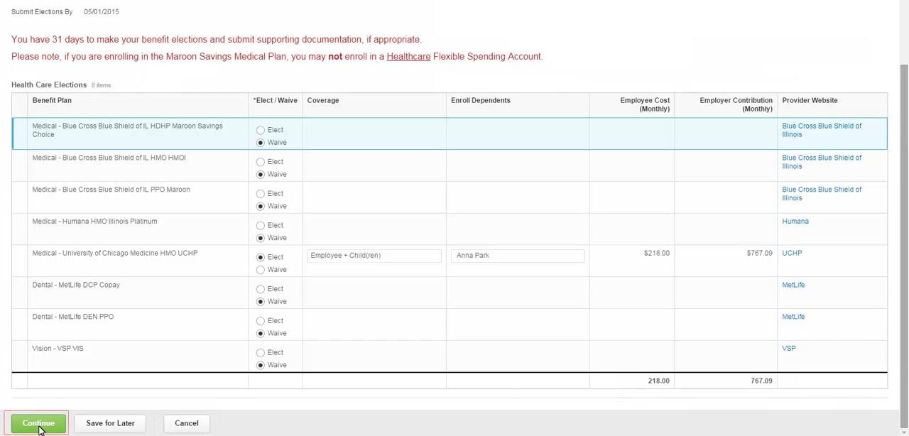 Dependent information form requiring first name, last name, relationship, date of birth, and gender, with optional address and contact fields.